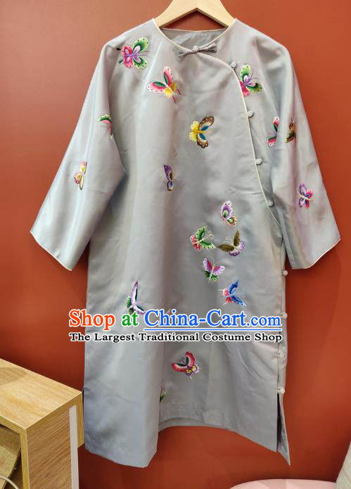 Chinese National Women Clothing Traditional Embroidered Butterfly Grey Silk Cheongsam Classical Qipao Dress