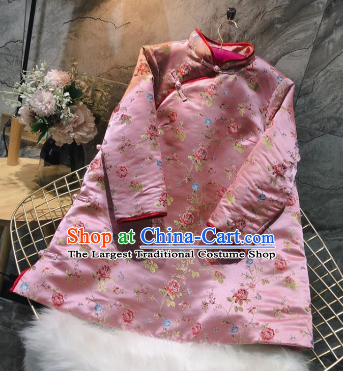 China Woman Classical Rose Pattern Pink Brocade Cotton Padded Jacket Traditional Tang Suit Overcoat