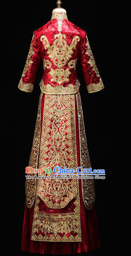Chinese Wedding Toast Outfits Clothing Bride Costumes Traditional Embroidery Red Xiuhe Suit