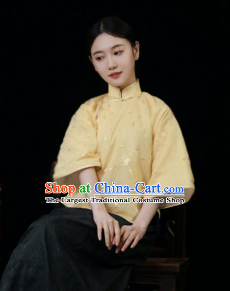 China Tang Suit Upper Outer Garment Slant Opening Blouse Classical Light Yellow Cheongsam Shirt