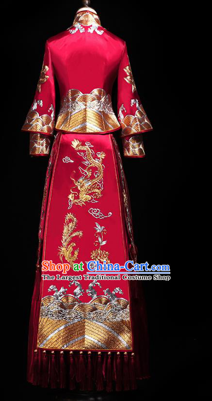 Chinese Traditional Embroidery Dragon Phoenix Red Xiuhe Suit Wedding Toast Outfits Clothing Bride Costumes