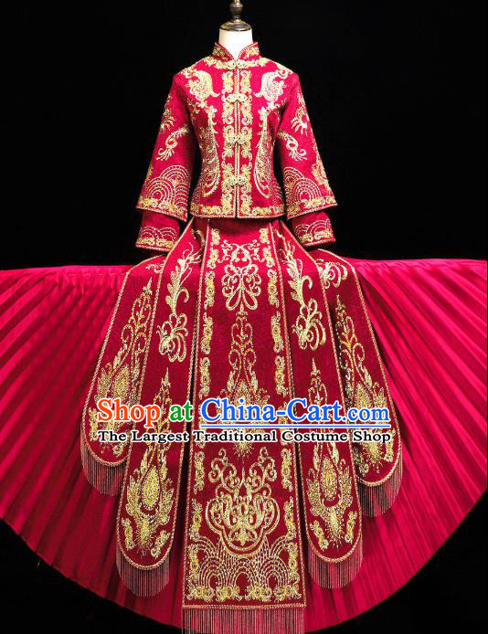 Chinese Ancient Bride Costumes Traditional Embroidery Red Xiuhe Suit Wedding Toast Outfits Clothing