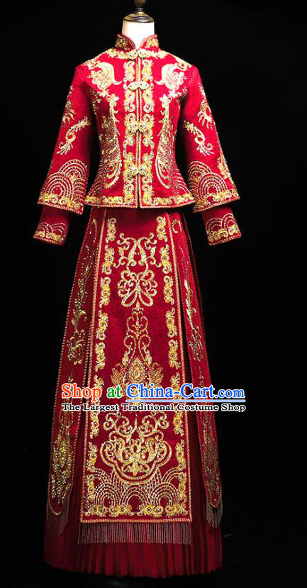 Chinese Ancient Bride Costumes Traditional Embroidery Red Xiuhe Suit Wedding Toast Outfits Clothing