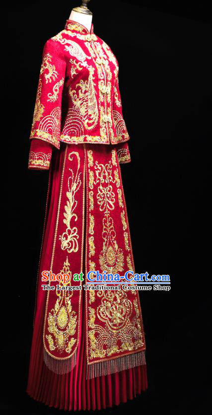 Chinese Ancient Bride Costumes Traditional Embroidery Red Xiuhe Suit Wedding Toast Outfits Clothing