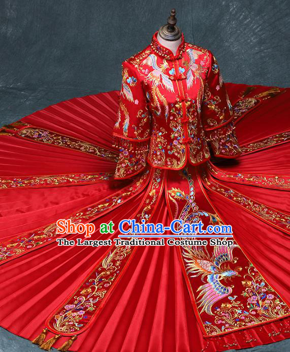 Chinese Traditional Embroidery Phoenix Peony Xiuhe Suit Wedding Toast Red Outfits Clothing Ancient Bride Costumes