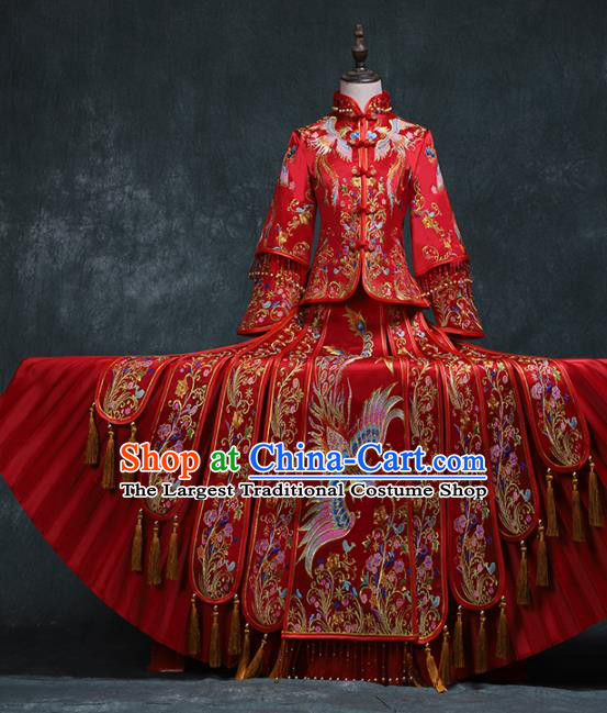 Chinese Traditional Embroidery Phoenix Peony Xiuhe Suit Wedding Toast Red Outfits Clothing Ancient Bride Costumes