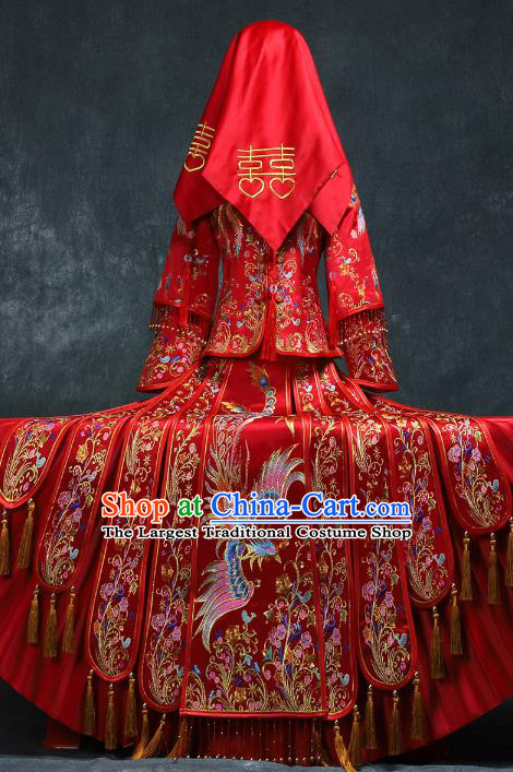 Chinese Traditional Embroidery Phoenix Peony Xiuhe Suit Wedding Toast Red Outfits Clothing Ancient Bride Costumes