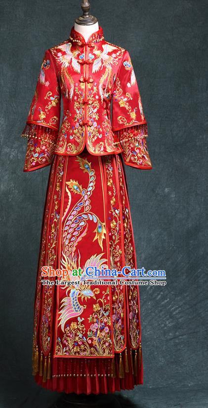 Chinese Traditional Embroidery Phoenix Peony Xiuhe Suit Wedding Toast Red Outfits Clothing Ancient Bride Costumes