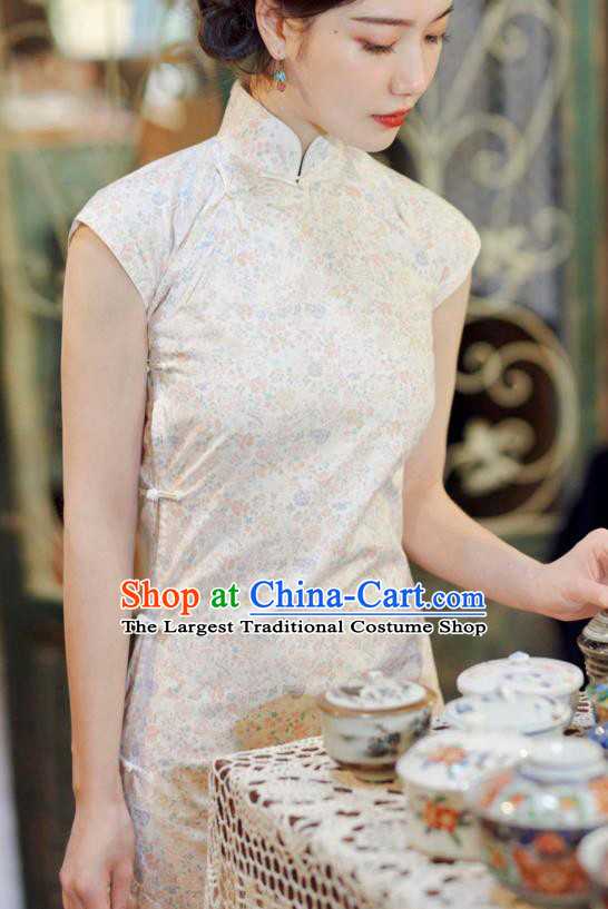 Republic of China Young Lady Clothing National Qipao Dress Classical Beige Cheongsam