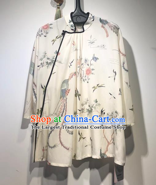 China Traditional Tang Suit White Silk Blouse Woman Printing Phoenix Peony Shirt Upper Outer Garment