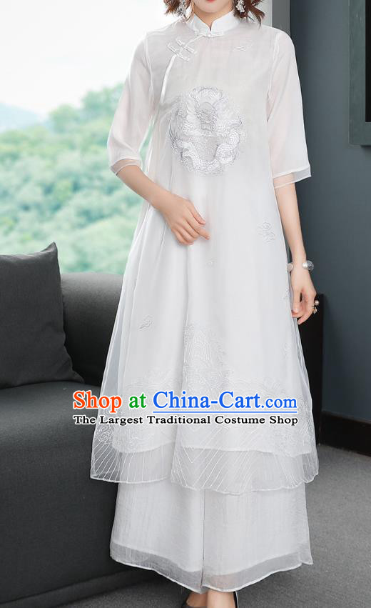 Chinese Women Classical Qipao Dress Traditional Embroidered Dragon White Chiffon Cheongsam