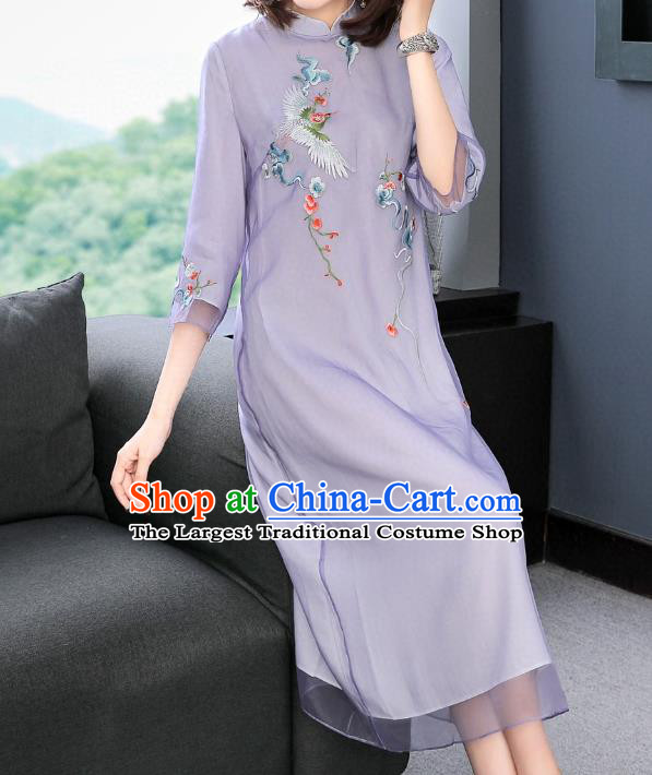 Chinese Women National Classical Qipao Dress Traditional Embroidered Crane Lilac Chiffon Cheongsam