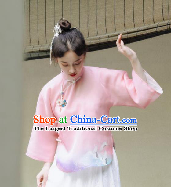 China Cheongsam Upper Outer Garment Tang Suit Blouse Clothing Classical Pink Chiffon Shirt