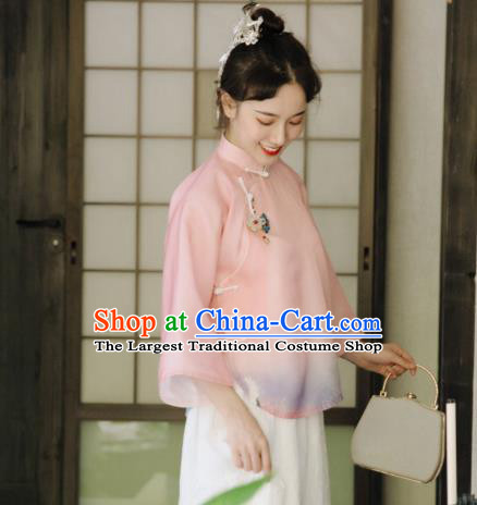 China Cheongsam Upper Outer Garment Tang Suit Blouse Clothing Classical Pink Chiffon Shirt