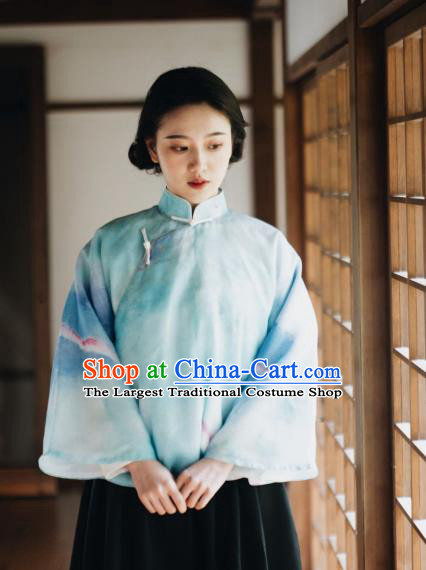 China Tang Suit Blouse Clothing Classical Printing Blue Organza Shirt Cheongsam Upper Outer Garment