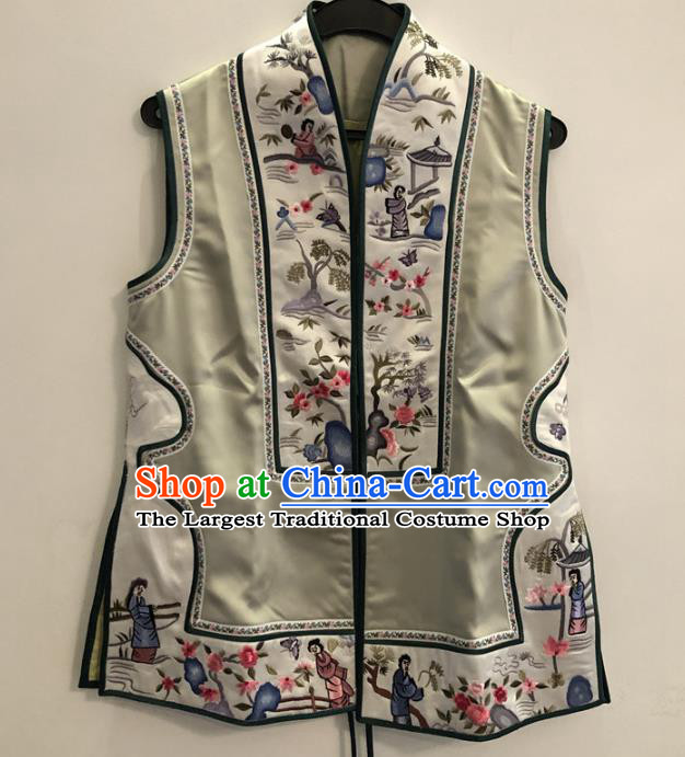 Chinese Embroidered Vest National Women Clothing Qing Dynasty Palace Lady Green Silk Waistcoat