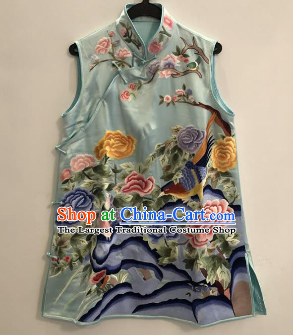 Chinese Embroidered Peony Vest National Women Clothing Tang Suit Upper Outer Garment Blue Silk Waistcoat