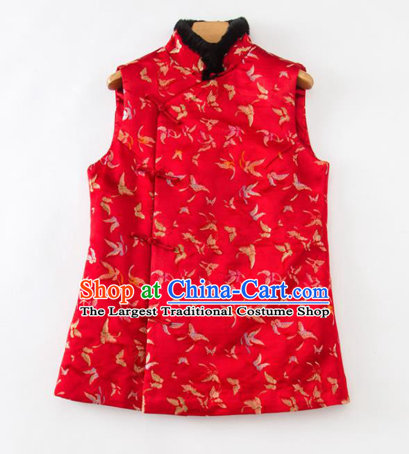 Chinese National Women Clothing Tang Suit Winter Red Waistcoat Classical Butterfly Pattern Vest