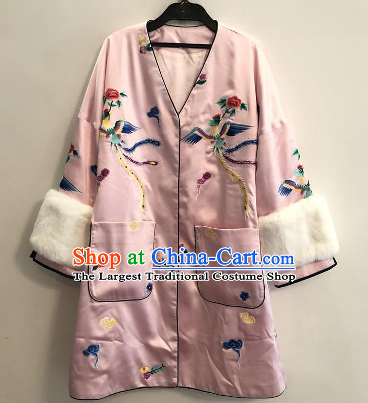 China Woman Outer Garment Winter Pink Silk Coat Traditional Embroidered Phoenix Peony Dust Coat