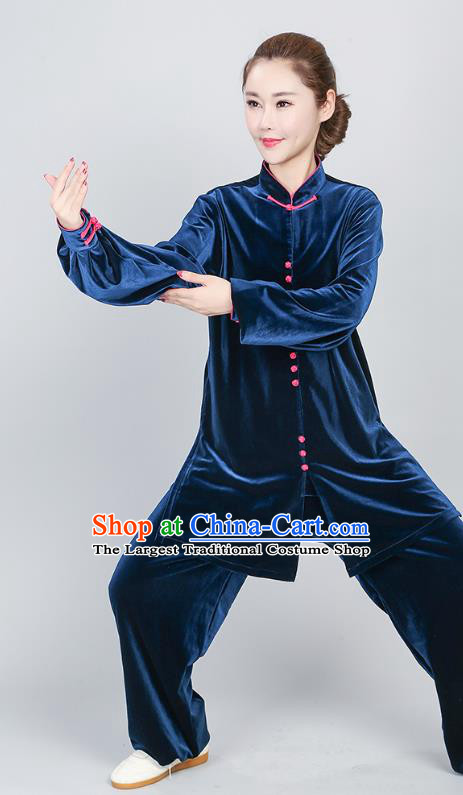 China Kung Fu Competition Clothing Tai Chi Performance Costumes Martial Arts Peacock Blue Pleuche Uniforms