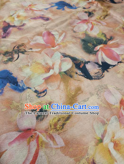 China Traditional Mangnolia Pattern Brown Gambiered Guangdong Gauze Cheongsam Fabric Classical Silk Cloth