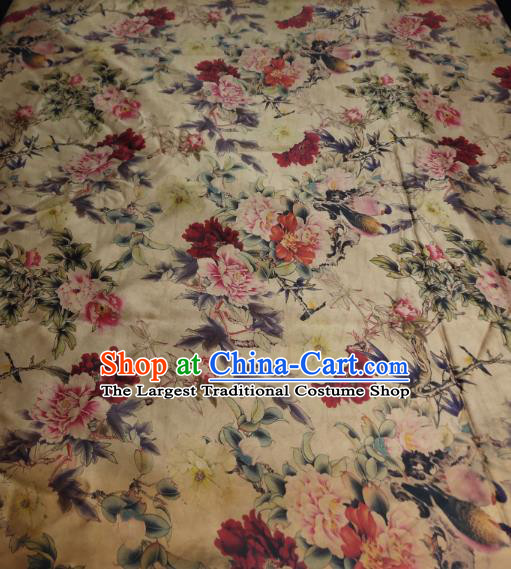 China Traditional Peony Pattern Gambiered Guangdong Gauze Cheongsam Satin Fabric Classical Beige Silk Cloth