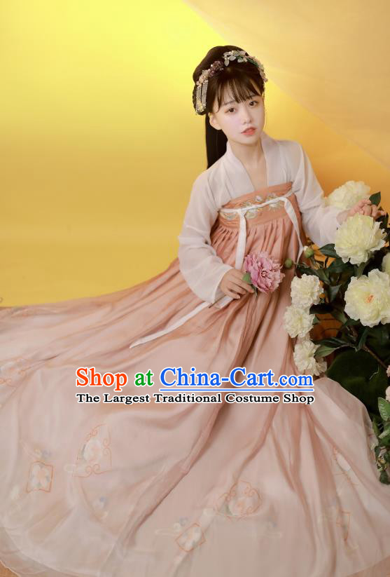Traditional China Tang Dynasty Historical Costumes Ancient Young Lady Pink Hanfu Dress Garment