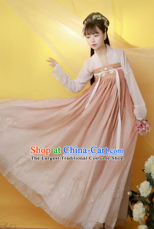 Traditional China Tang Dynasty Historical Costumes Ancient Young Lady Pink Hanfu Dress Garment