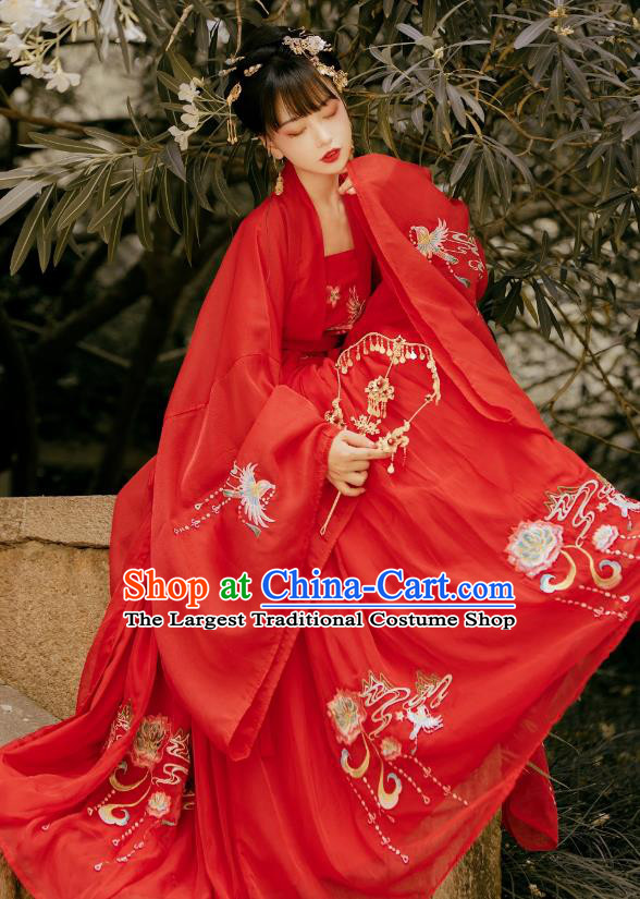 China Ancient Wedding Hanfu Garment Traditional Song Dynasty Princess Embroidered Red Dress Clothing