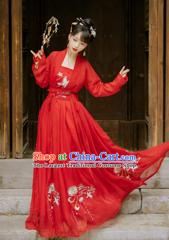 China Ancient Wedding Hanfu Garment Traditional Song Dynasty Princess Embroidered Red Dress Clothing