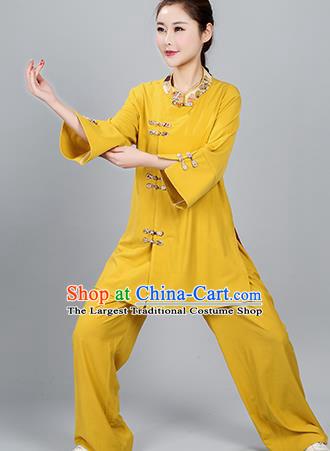 China Traditional Women Tai Chi Training Clothing Martial Arts Competition Yellow Flax Uniforms