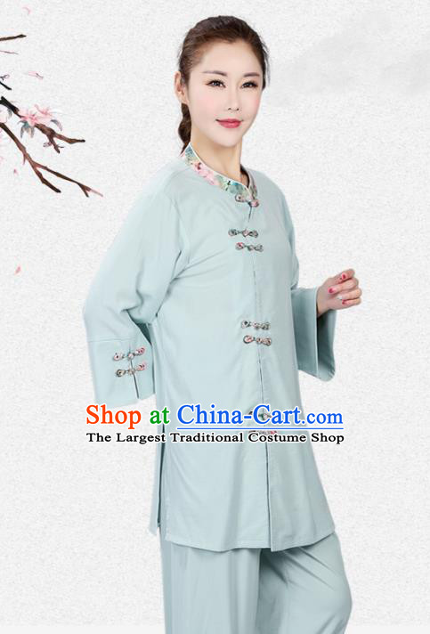 China Traditional Women Kung Fu Costumes Martial Arts Competition Light Green Flax Uniforms Tai Chi Training Clothing