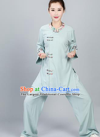 China Traditional Women Kung Fu Costumes Martial Arts Competition Light Green Flax Uniforms Tai Chi Training Clothing