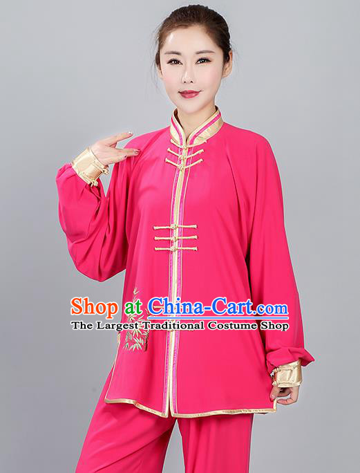 China Martial Arts Competition Clothing Traditional Embroidered Bamboo Rosy Uniforms Women Kung Fu Costumes