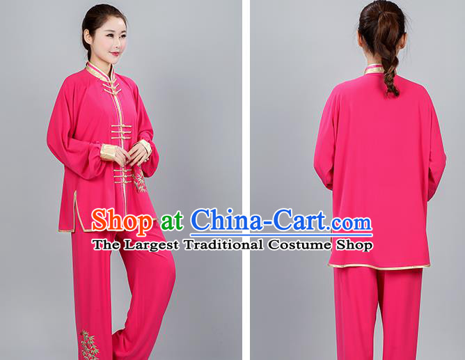 China Martial Arts Competition Clothing Traditional Embroidered Bamboo Rosy Uniforms Women Kung Fu Costumes