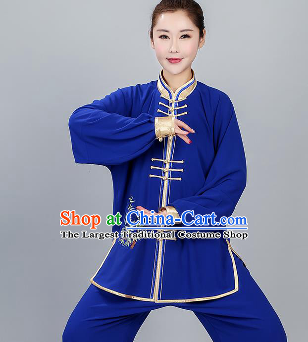 China Women Kung Fu Costumes Martial Arts Competition Clothing Traditional Embroidered Bamboo Royalblue Uniforms