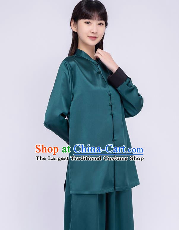 China Woman Martial Arts Competition Atrovirens Silk Uniforms Traditional Tang Suit Costumes