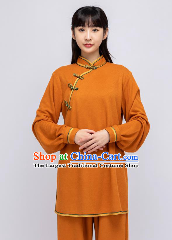 China Woman Tai Chi Orange Uniforms Traditional Kung Fu Performance Costumes Martial Arts Shirt and Pants