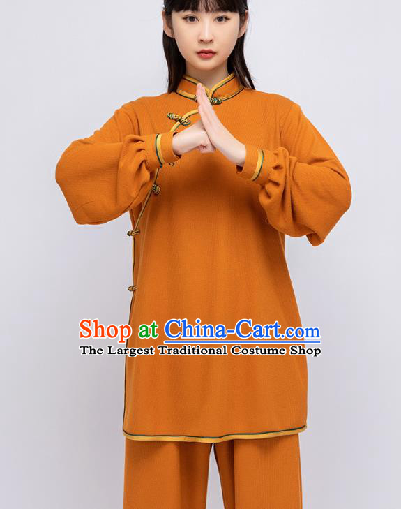 China Woman Tai Chi Orange Uniforms Traditional Kung Fu Performance Costumes Martial Arts Shirt and Pants