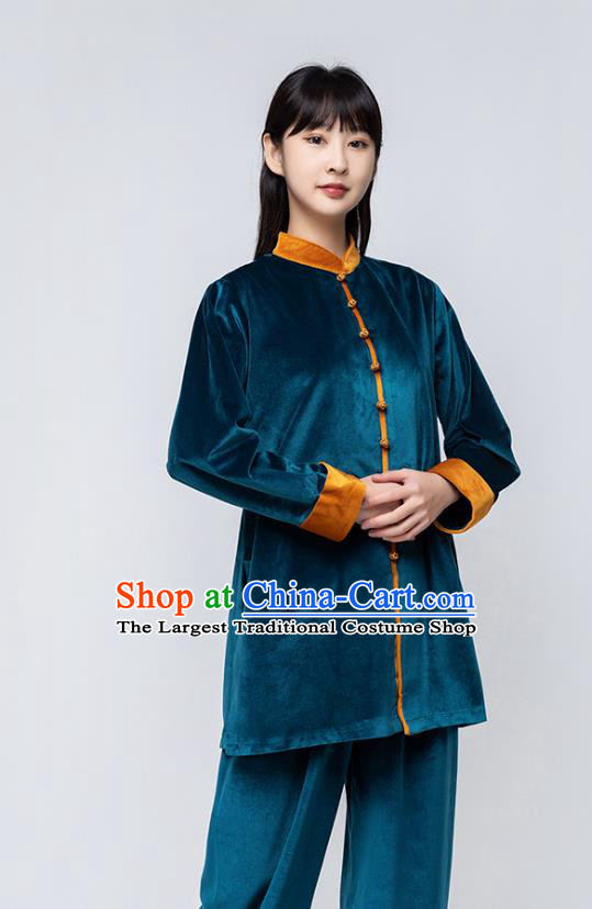 China Traditional Kung Fu Costumes Martial Arts Competition Clothing Woman Tai Chi Training Peacock Blue Pleuche Uniforms
