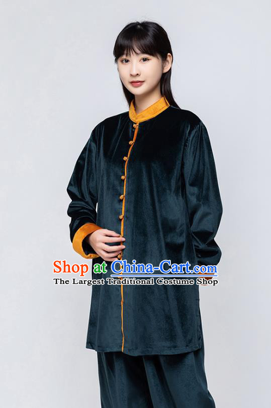China Woman Tai Chi Training Navy Pleuche Uniforms Traditional Kung Fu Costumes Martial Arts Competition Clothing