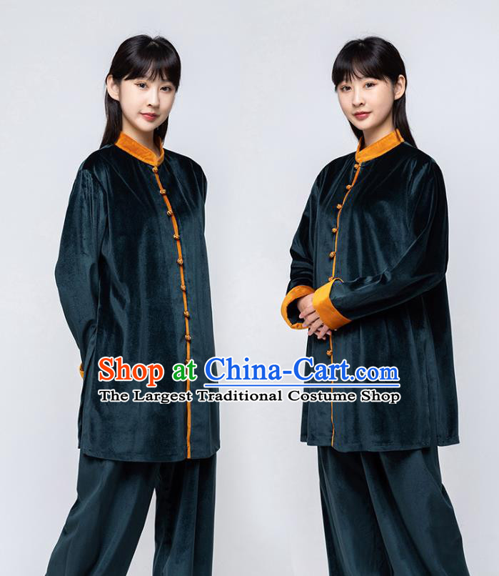 China Woman Tai Chi Training Navy Pleuche Uniforms Traditional Kung Fu Costumes Martial Arts Competition Clothing