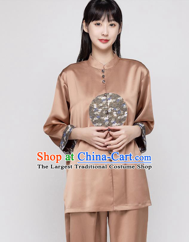 China Kung Fu Clothing Woman Tai Ji Performance Brown Silk Uniforms Traditional Martial Arts Costumes