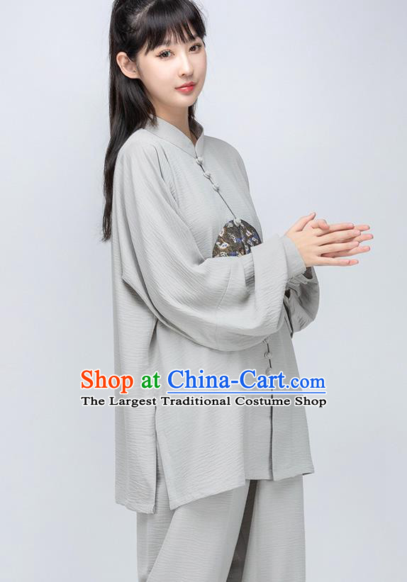 China Woman Tai Chi Training Grey Silk Uniforms Traditional Wushu Performance Costumes Martial Arts Clothing