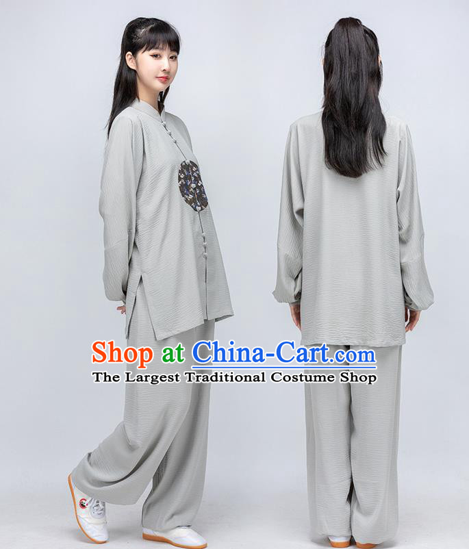 China Woman Tai Chi Training Grey Silk Uniforms Traditional Wushu Performance Costumes Martial Arts Clothing