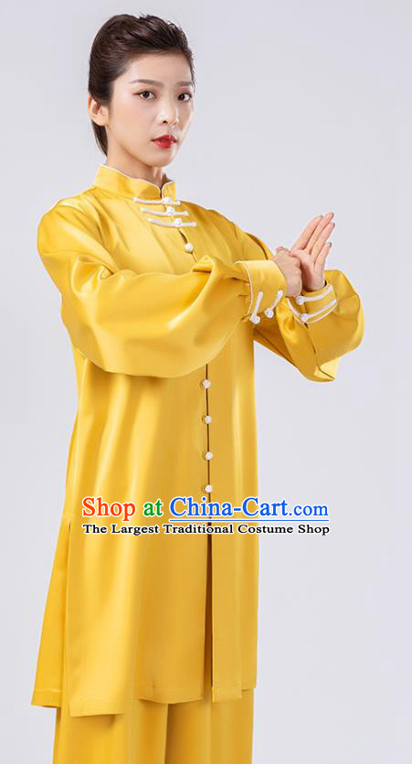 China Traditional Martial Arts Performance Costumes Woman Kong Fu Wushu Training Yellow Silk Uniforms