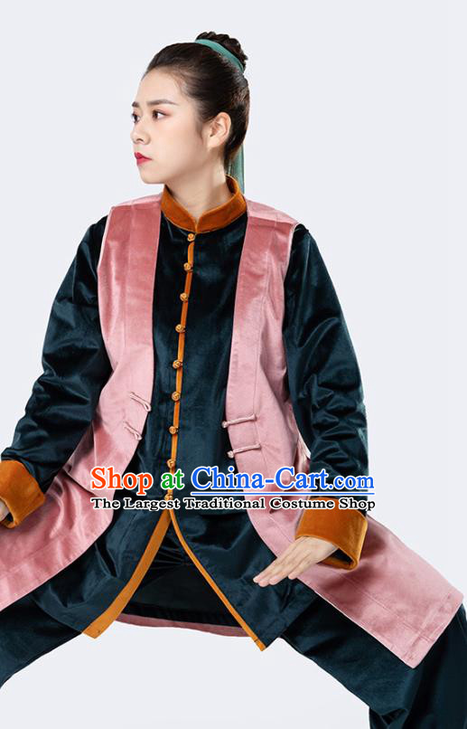 China Winter Woman Tai Chi Performance Uniforms Traditional Martial Arts Pink Vest Shirt and Pants