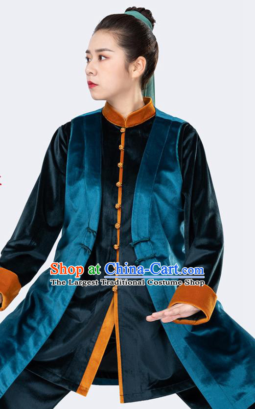 China Traditional Kung Fu Competition Blue Vest Shirt and Pants Winter Woman Wushu Uniforms