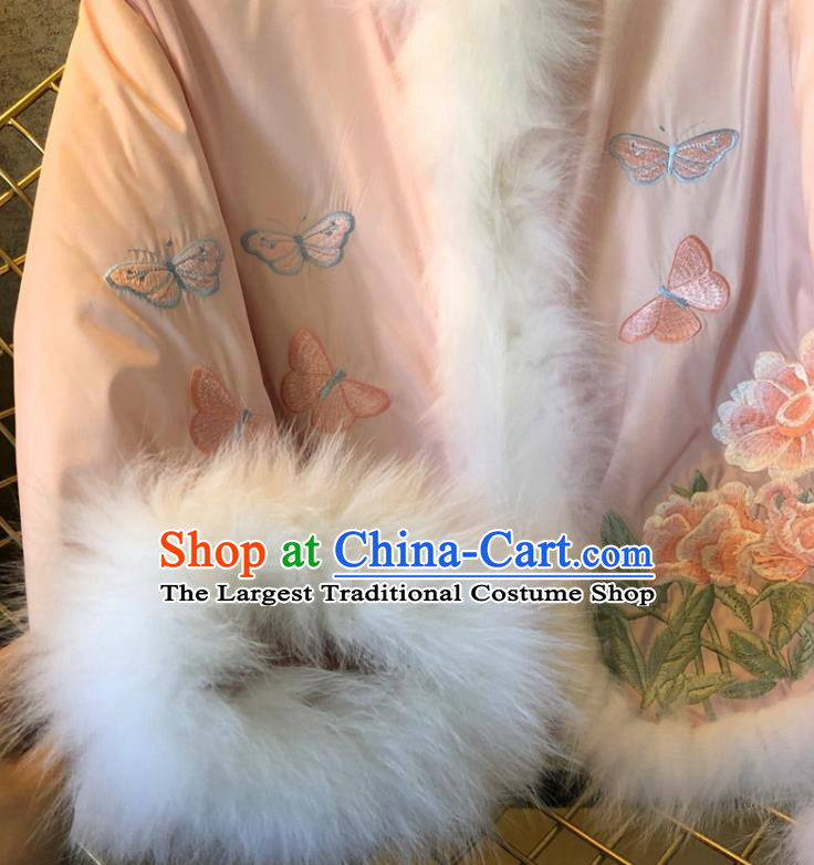 China Traditional Tang Suit Outer Garment Winter Woman Embroidered Pink Cotton Padded Jacket