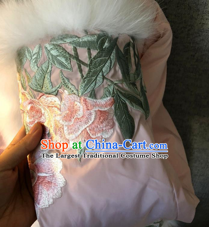 China Traditional Tang Suit Outer Garment Winter Woman Embroidered Pink Cotton Padded Jacket